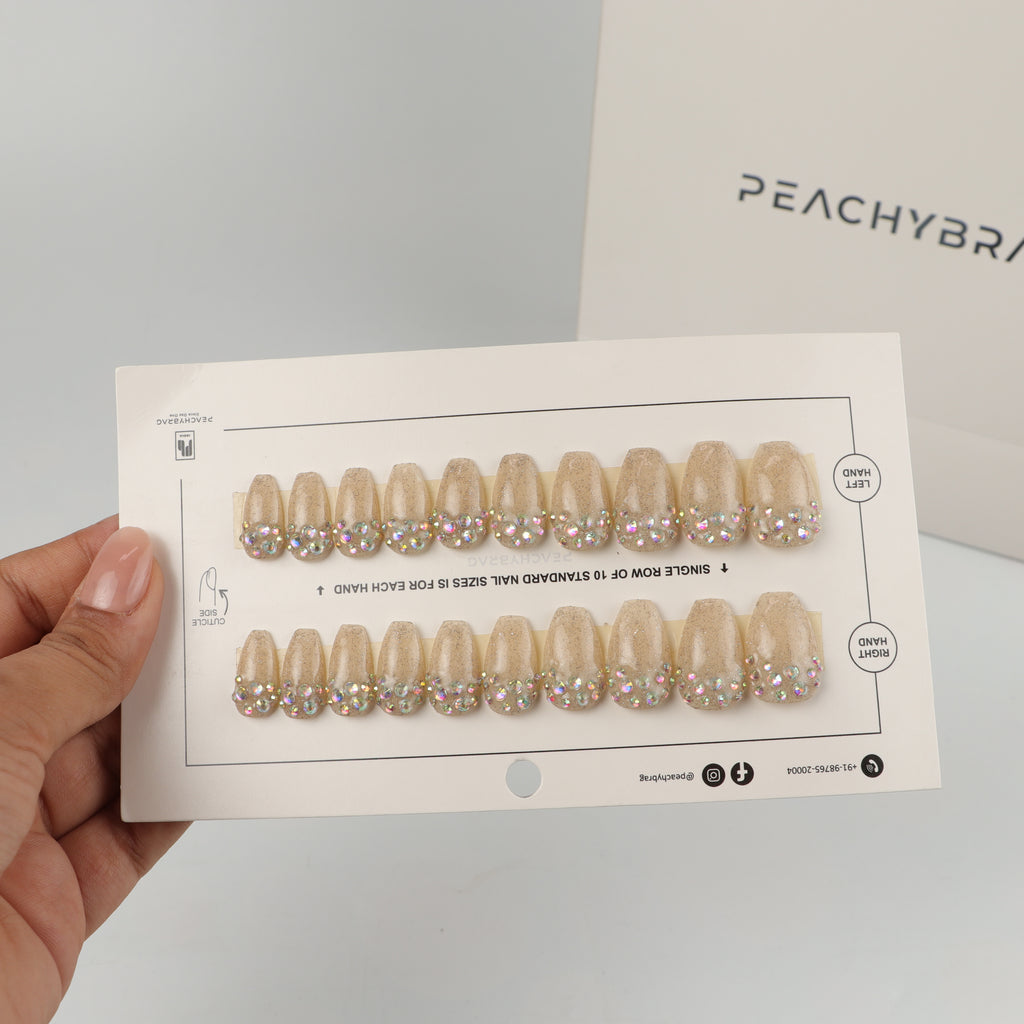 Gem Glam Gold press-on nails in almond, coffin, oval, round and square shapes