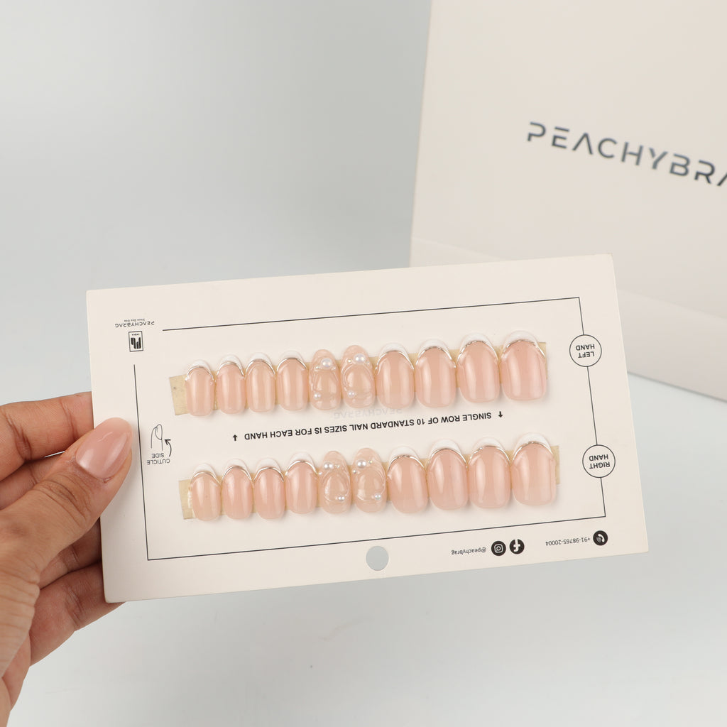 Pearl Whisper press-on nails in almond, coffin, oval, round and square shapes