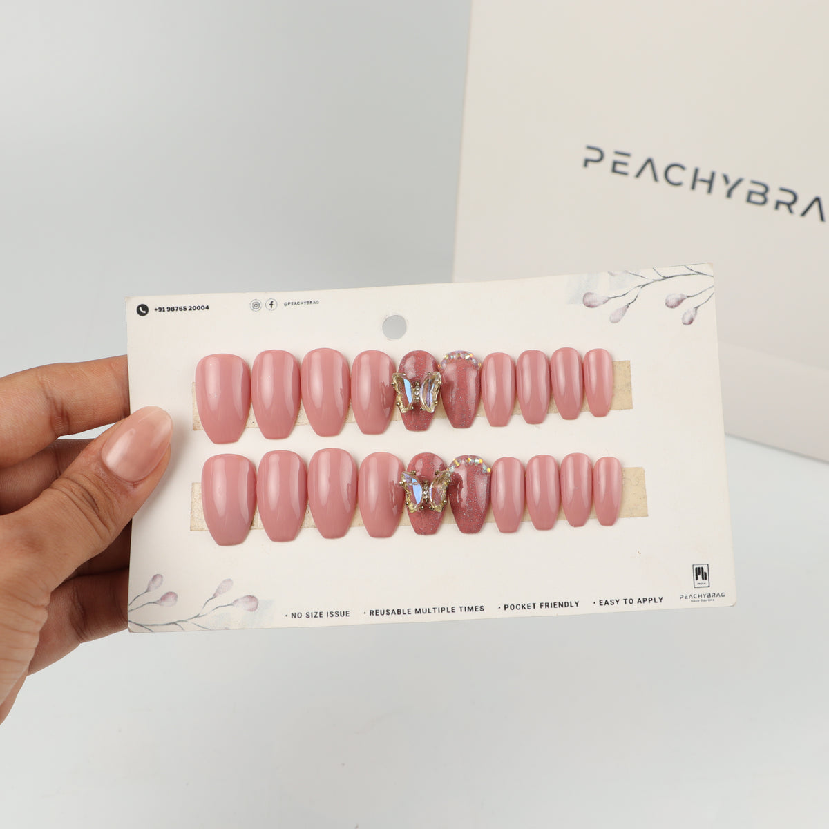 Crystal Fly Pink press-on nails in coffin and oval shapes