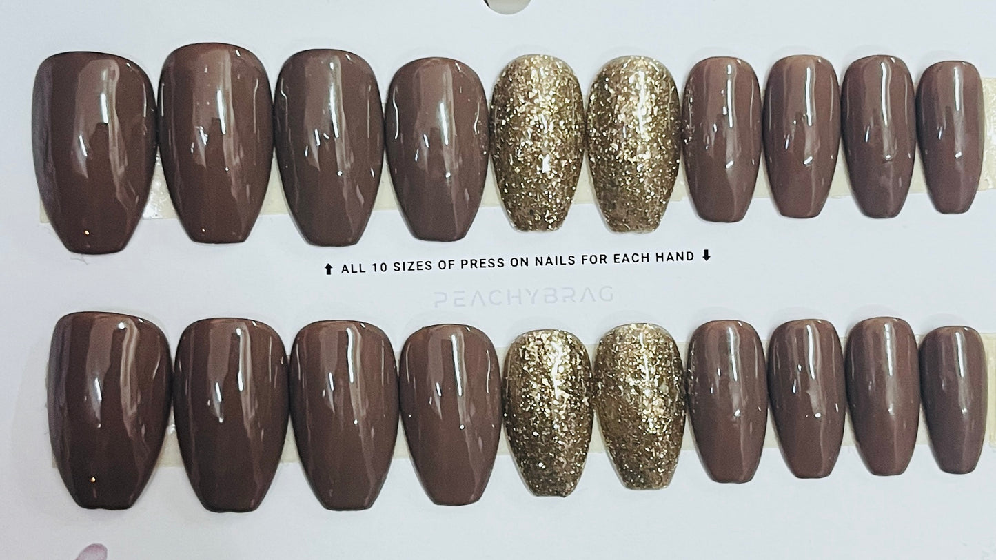 Coffee Date Solid & Bling Glitter Combination Nails