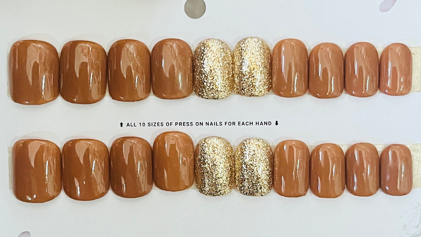 Choco Melt Solid & Golden Glitter Combination Nails